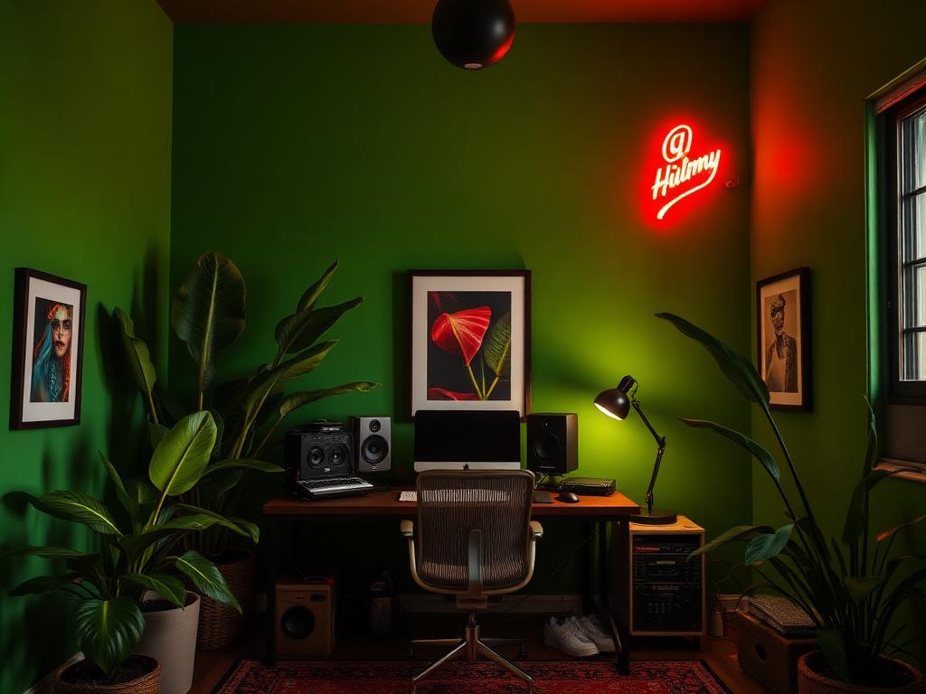 Cinematic creator studio with bold walls and dramatic lighting