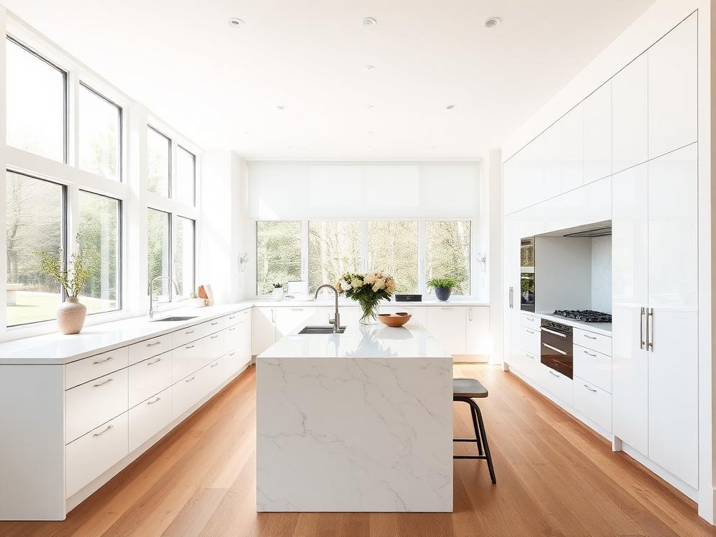 Modern open plan kitchen with marble worktops