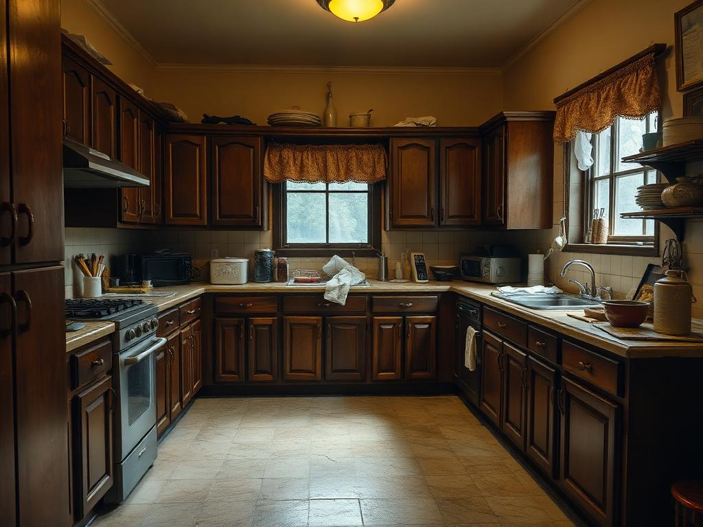 Dated kitchen with old wooden cabinets